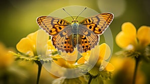 Macro Shot Of Marsh Fritillary Butterfly On Primrose