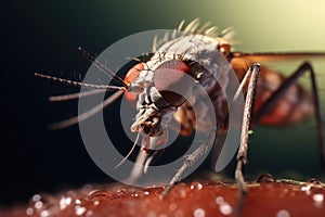 Macro shot of mosquito on human skin. Generative AI
