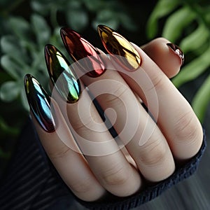 Macro shot of multi-colored chrome metallic nail polish on long almond-shaped nails
