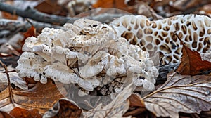 A macro shot of a of mushrooms growing on a bed of decaying leaves highlighting the gnarled and bumpy texture of the