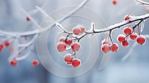 Macro shot of nature landscape or scene. Winter misty background with frozen plants, red berries in snow.