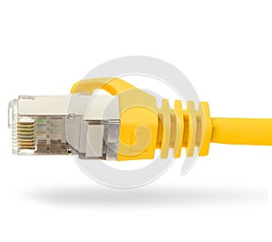 Macro Shot of a network and yellow patch cable, isolated on white.