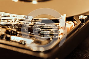 Macro shot of open hard disc drive