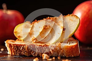 macro shot of pear slice on toasted bread