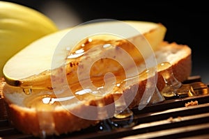 macro shot of pear slice on toasted bread