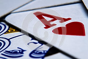 Macro shot playing cards, ace of hearts close-up picture