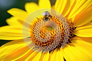 macro shot of pollen-covered sunflower, with its yellow petals in the background