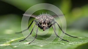 Detailed macro view of a black fly on green leaf.