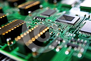 macro shot of printed circuit boards with capacitors