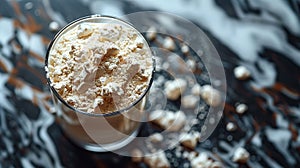 Macro shot: Protein powder in a glass, essential for fitness enthusiasts. Sports nutrition