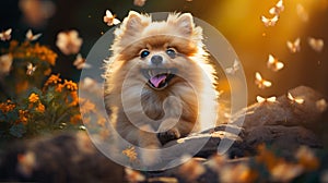 macro shot of a puppy and butterflies