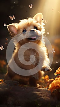 macro shot of a puppy and butterflies