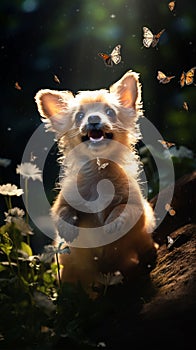 macro shot of a puppy and butterflies