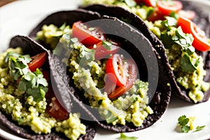 Macro shot of quinoa black bean tacos with a dollop of guacamole on top, emphasizing the creamy texture against the
