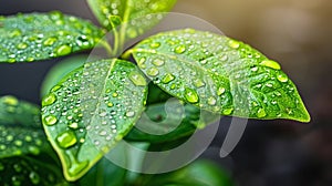 Macro shot of raindrops on green leaves on a rainy day with ultra realistic detail