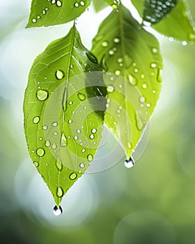Macro shot of raindrops on green leaves on rainy day with ultra realistic detail
