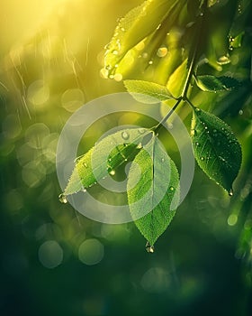 Macro shot of raindrops on green leaves on rainy day with ultra realistic detail