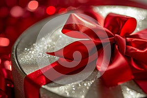 macro shot of red ribbon bow on shiny silver gift box lid