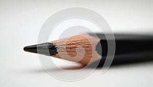 Macro shot of sharpened black pencil tip on white background. Focus on the graphite point and wood grain texture. Simple, clean