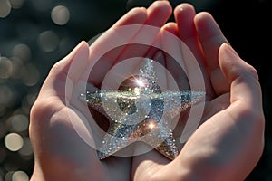 macro shot of a shimmering starshaped award in hands photo