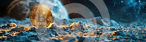 Macro shot of a shiny Bitcoin resting on moons gray dust Earths blue aura subtly illuminating the scene photo