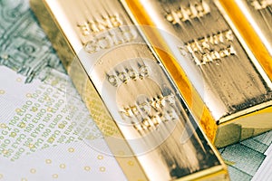 Macro shot of shiny bullion ingot gold bar on Euro banknote using as wealth investment or investment