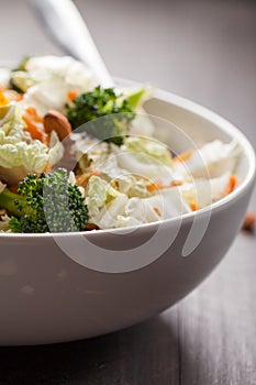 Macro shot side view of Asian Napa cabbage salad