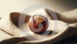 A macro shot of a single hazelnut placed centrally on a soft, beige cloth, highlighting its texture and shape