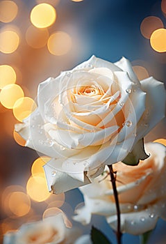 Macro shot of a single stem of white rose with drops