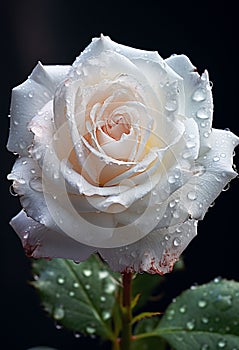 Macro shot of a single stem of white rose with waterdrops