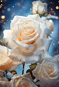 Macro shot of a single stem of white rose with waterdrops