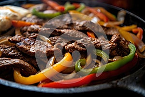 Macro shot of sizzling fajitas with tender strips of marinated beef, onions, and peppers on a hot skillet
