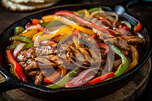 Macro shot of sizzling and juicy fajitas with caramelized onions and colorful peppers, served on a black cast iron skillet