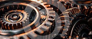 A macro shot of a sophisticated mechanical assembly, with glistening metallic cogs and wheels in varying shapes and