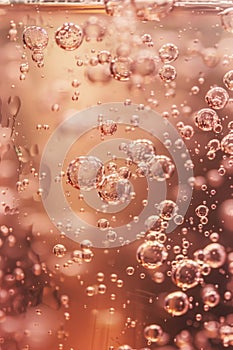 Macro shot of sparkling rose champagne with bubbles