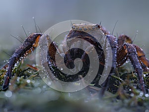 Macro shot of a spider covered in dew