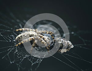 a macro shot of a spider sewing a web photo
