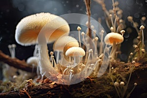 macro shot of spores ejecting from puffball mushroom photo