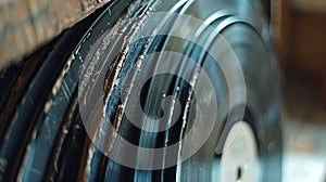 Macro shot of a stack of old vinyl records with visible grooves and dust. Music and nostalgia concept. Design for banner