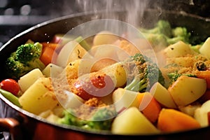 macro shot of steaming vegetable casserole