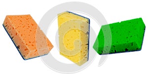 Macro shot of a surface of plastic multicolored three sponge isolated on white background. Close-up texture. Scrub sponge. Sponge