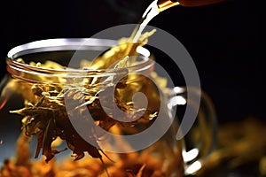 macro shot of tea leaves unfurling in a glass teapot