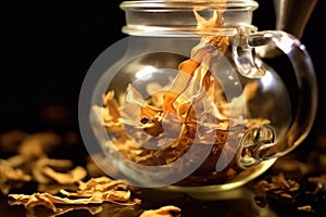 macro shot of tea leaves unfurling in a glass teapot