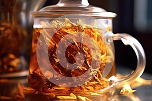 macro shot of tea leaves unfurling in a glass teapot