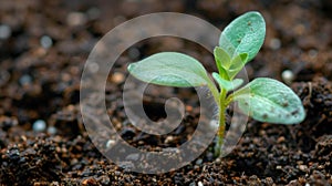 A macro shot of a tiny seedling sprouting out of soil with the edges of green leaves just emerging