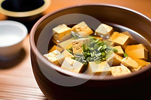 macro shot of tofu cubed pieces in the miso soup