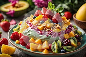 Close - up shot of a tropical paradise smoothie bowl with a thick, creamy texture and vivid fruit toppings