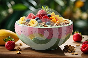 Close - up shot of a tropical paradise smoothie bowl with a thick, creamy texture and vivid fruit toppings