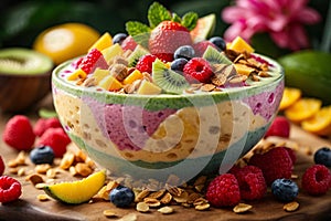 Close - up shot of a tropical paradise smoothie bowl with a thick, creamy texture and vivid fruit toppings