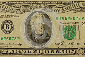Macro shot of twenty dollar bill
